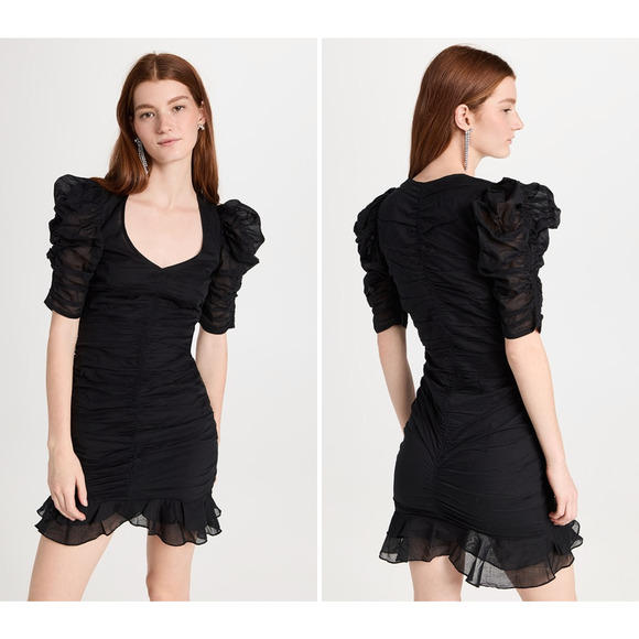 Isabel Marant Etolie 6 Puff-sleeve Mini Sireny Dress $590 Ruched Cotton Black 38 - Picture 1 of 16